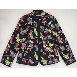 Requirements Jacket Womens XLarge Black Quilted Floral Post Card Print Full Zip